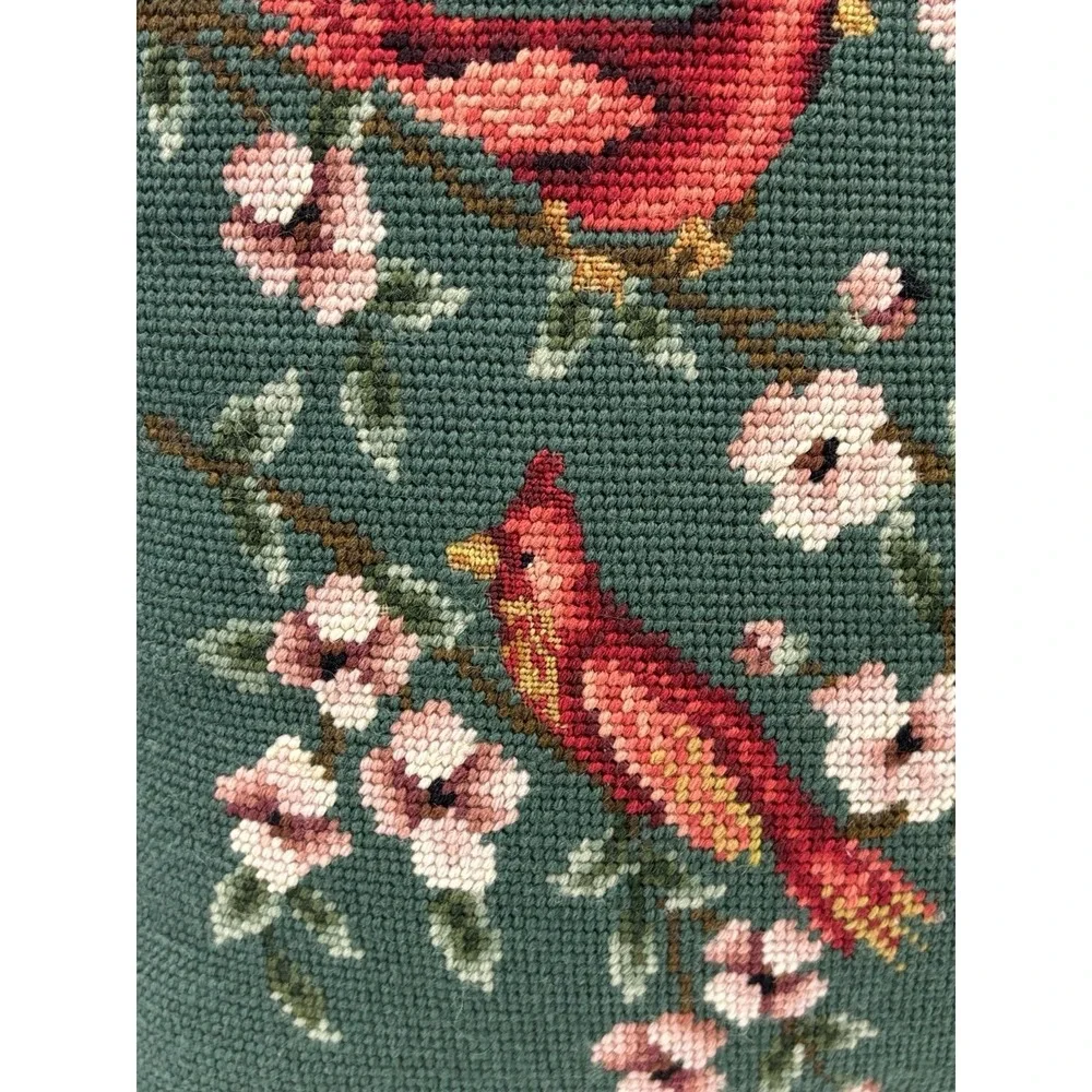 Vtg Needlepoint Cardinal Birds Pillow Green Rectangle Floral Velvet Backed 18x13